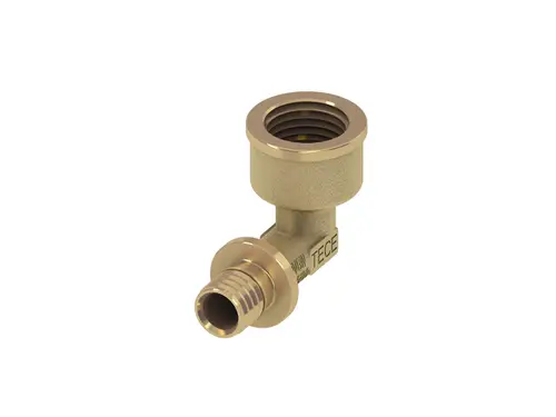 Winkelübergangsmuffe aus Siliziumbronze von TECE. Das Produkt verfügt über ein Innengewinde und einen Anschluss mit rippierter Oberfläche füreine stabile Verbindung.
